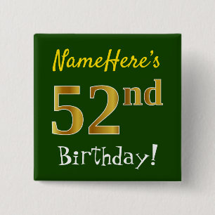 Badge Carré 5 Cm Vert, Faux Gold 52e Anniversaire, Avec Nom Personn