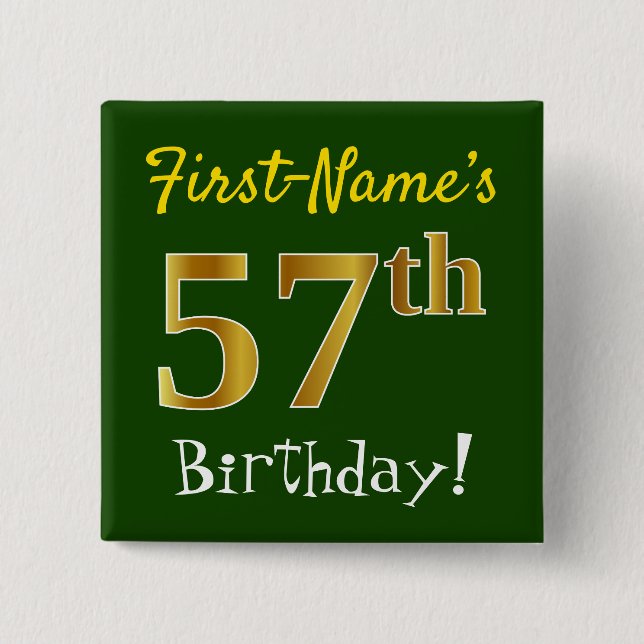 Badge Carré 5 Cm Vert, Faux Gold 57e anniversaire, avec nom personn (Devant)