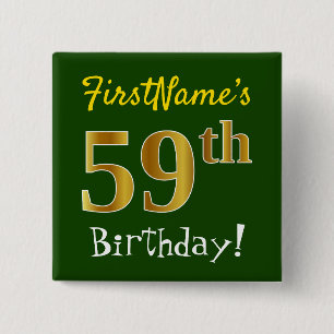 Badge Carré 5 Cm Vert, Faux Gold 59e Anniversaire, Avec Nom Personn