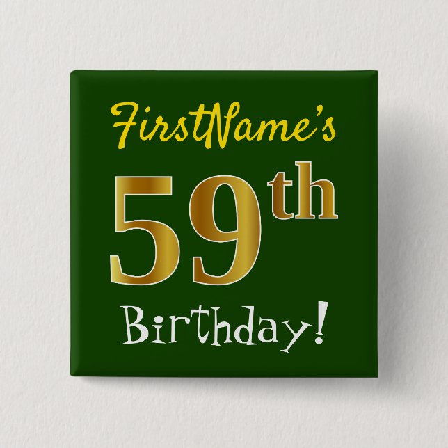 Badge Carré 5 Cm Vert, Faux Gold 59e Anniversaire, Avec Nom Personn (Devant)