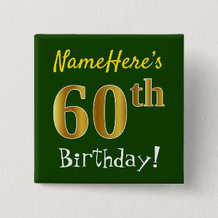 Badge Carré 5 Cm Vert, Faux Gold 60e anniversaire, avec nom personn