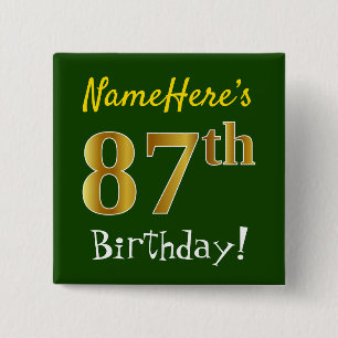 Badge Carré 5 Cm Vert, Faux Gold 87e anniversaire, avec nom personn