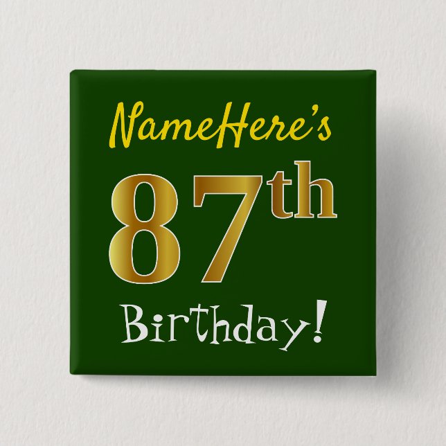 Badge Carré 5 Cm Vert, Faux Gold 87e anniversaire, avec nom personn (Devant)