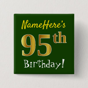 Badge Carré 5 Cm Vert, Faux Gold 95e anniversaire, avec nom personn