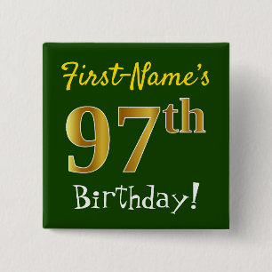 Badge Carré 5 Cm Vert, Faux Gold 97e anniversaire, avec nom personn