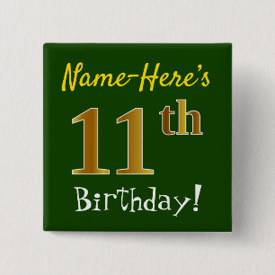 Badge Carré 5 Cm Vert, Faux Or 11ème Anniversaire, Avec Nom Personn