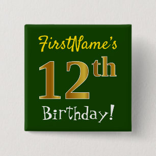 Badge Carré 5 Cm Vert, Faux Or 12ème Anniversaire, Avec Nom Personn