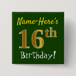 Badge Carré 5 Cm Vert, Faux Or 16ème Anniversaire, Avec Nom Personn
