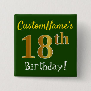 Badge Carré 5 Cm Vert, Faux Or 18ème Anniversaire, Avec Nom Personn