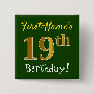 Badge Carré 5 Cm Vert, Faux Or 19e Anniversaire, Avec Nom Personnal
