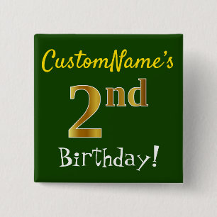 Badge Carré 5 Cm Vert, Faux Or 2ème Anniversaire, Avec Nom Personna