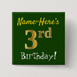Badge Carré 5 Cm Vert, Faux Or 3e Anniversaire, Avec Nom Personnali