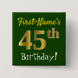 Badge Carré 5 Cm Vert, Faux Or 45ème Anniversaire, Avec Nom Personn