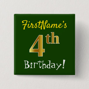Badge Carré 5 Cm Vert, Faux Or 4ème Anniversaire, Avec Nom Personna