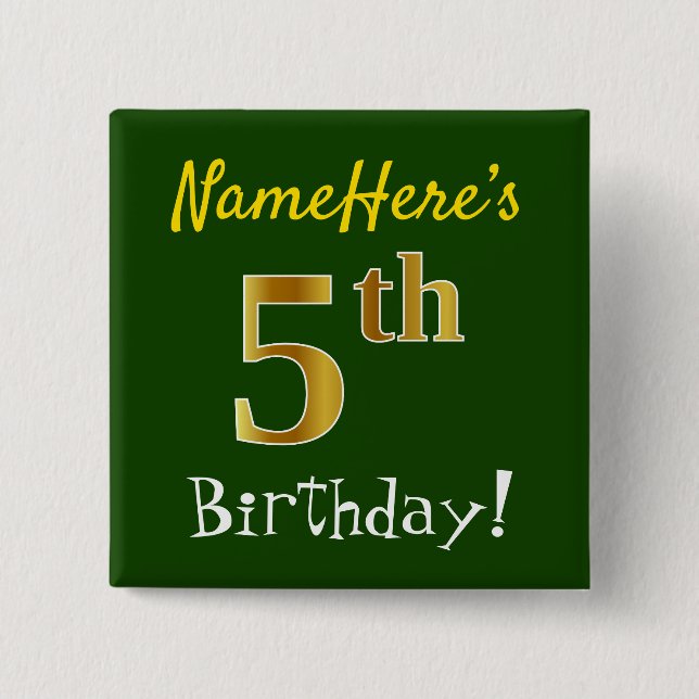 Badge Carré 5 Cm Vert, Faux Or 5e Anniversaire, Avec Nom Personnali (Devant)