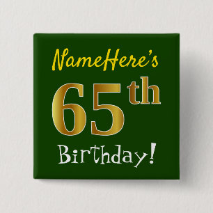 Badge Carré 5 Cm Vert, Faux Or 65e Anniversaire, Avec Nom Personnal