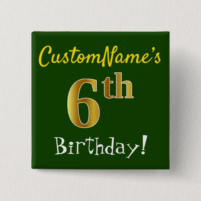 Badge Carré 5 Cm Vert, Faux Or 6ème anniversaire, avec nom personna (Devant)