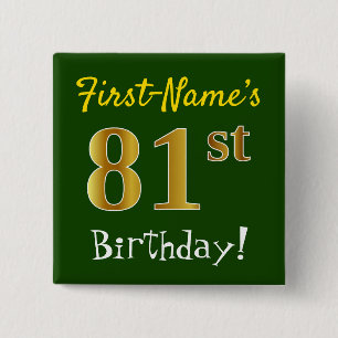 Badge Carré 5 Cm Vert, Faux Or 81ème Anniversaire, Avec Nom Personn