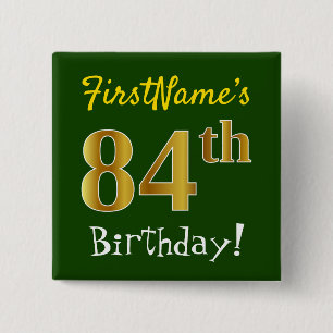 Badge Carré 5 Cm Vert, Faux Or 84e anniversaire, avec nom personnal