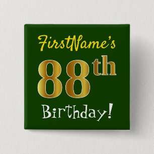 Badge Carré 5 Cm Vert, Faux Or 88ème Anniversaire, Avec Nom Personn