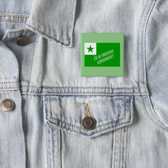 Badge Carré 5 Cm ← vi parolas Esperante ? (En situation)