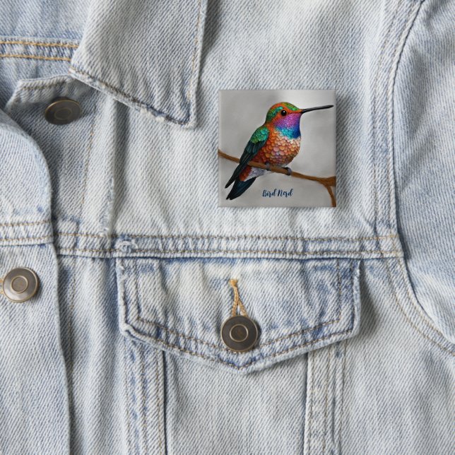 Badge Carré 5 Cm Vibrant Allen’s Hummingbird Painting (En situation)