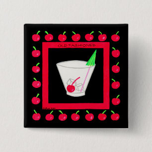 Badge Carré 5 Cm Vieux style rétro Boire Cerises rouges sur Noir