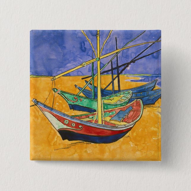 Badge Carré 5 Cm Vincent van Gogh - Bateaux de pêche sur la plage (Devant)