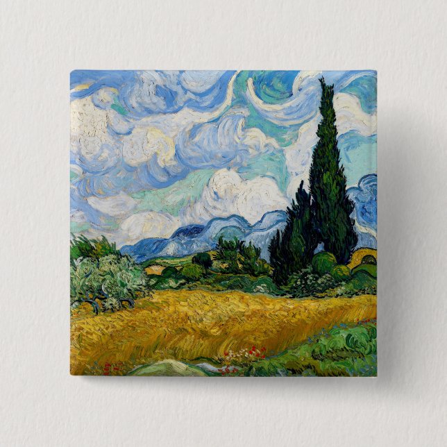 Badge Carré 5 Cm Vincent Van Gogh - Champ de blé avec cyprès (Devant)