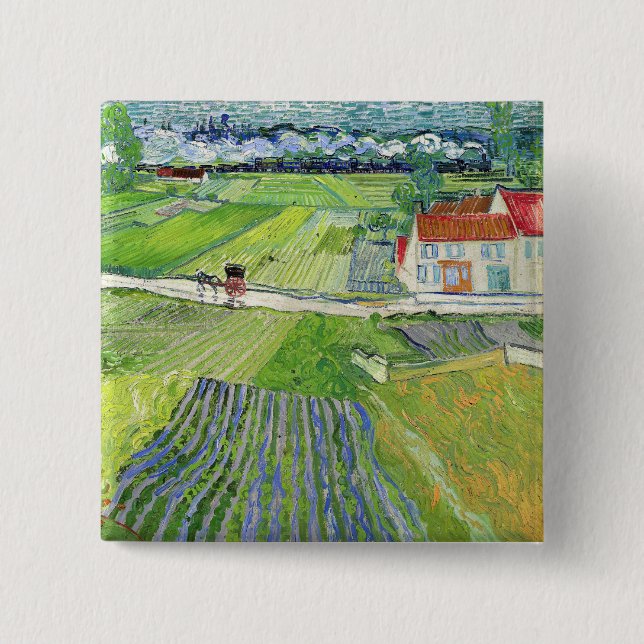 Badge Carré 5 Cm Vincent van Gogh - Landscape with Carriage & Train (Devant)