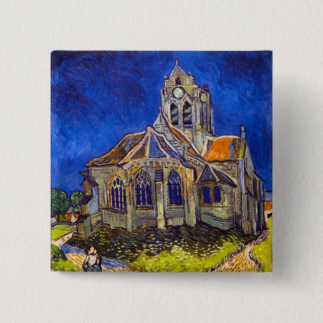Badge Carré 5 Cm Vincent van Gogh - L'église d'Auvers (Devant)