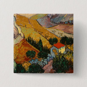 Badge Carré 5 Cm Vincent van Gogh   Paysage avec Maison & Plowman