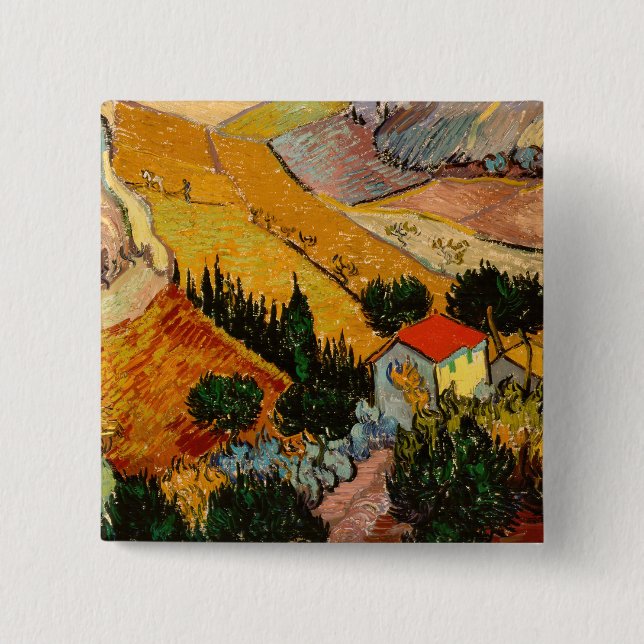 Badge Carré 5 Cm Vincent van Gogh - Paysage, Maison et Plowman (Devant)