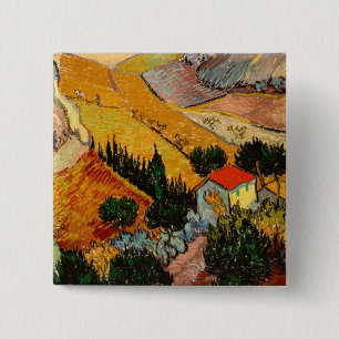 Badge Carré 5 Cm Vincent van Gogh - Paysage, Maison et Plowman