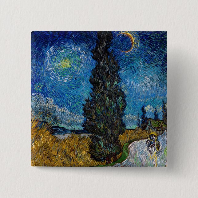 Badge Carré 5 Cm Vincent van Gogh - Route avec Cypress et Star (Devant)