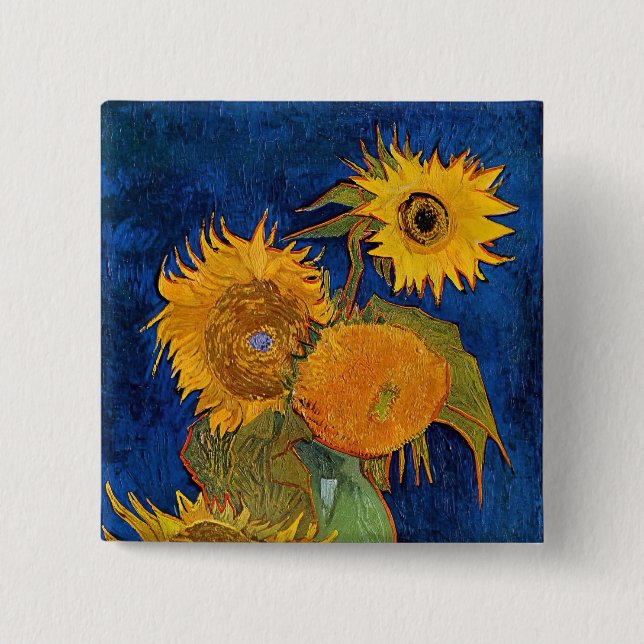 Badge Carré 5 Cm Vincent van Gogh - Vase avec cinq tournesols (Devant)