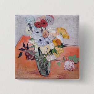 Badge Carré 5 Cm Vincent van Gogh - Vase avec Roses et anémones