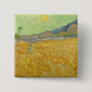 Badge Carré 5 Cm Vincent van Gogh - Wheatfield avec une Faucheuse