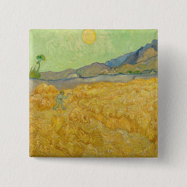 Badge Carré 5 Cm Vincent van Gogh - Wheatfield avec une Faucheuse (Devant)