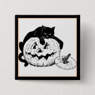 Badge Carré 5 Cm Vintage Chat noir & Jack O' Lantern Halloween