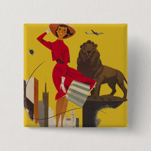 Badge Carré 5 Cm Vintage Chicago USA Air Travel Publicité