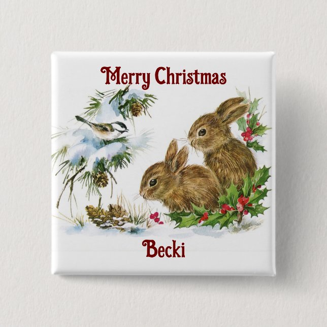 Badge Carré 5 Cm Vintage Christmas Bunnies Button (Devant)