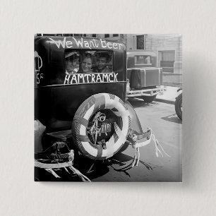 Badge Carré 5 Cm Vintage interdiction Bière, Nous voulons la bière,