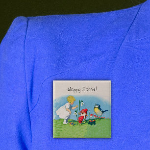 Badge Carré 5 Cm Vintage Joyeux Oeufs des elfes de Pâques