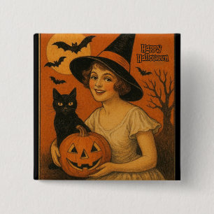 Badge Carré 5 Cm Vintage/rétro Happy Halloween sorcière, chat, citr