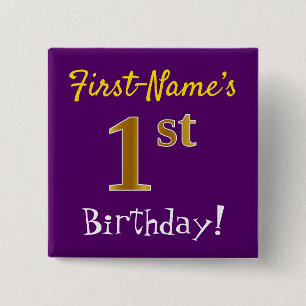 Badge Carré 5 Cm Violet, Or Faux 1er Anniversaire, Avec Nom Personn