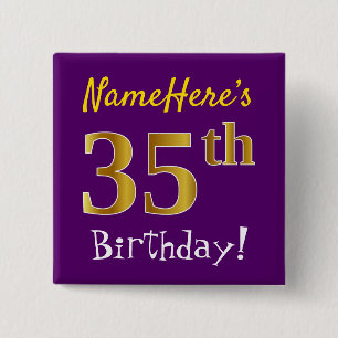 Badge Carré 5 Cm Violet, Or Faux 35e Anniversaire, Avec Nom Personn