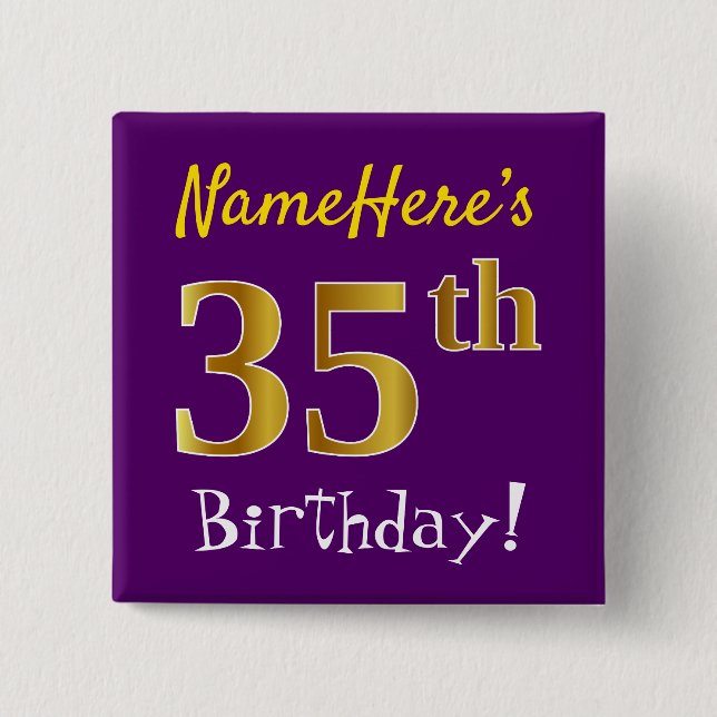 Badge Carré 5 Cm Violet, Or Faux 35e Anniversaire, Avec Nom Personn (Devant)