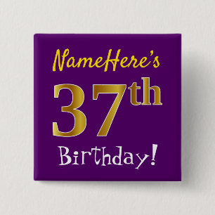 Badge Carré 5 Cm Violet, Or Faux 37e Anniversaire, Avec Nom Personn