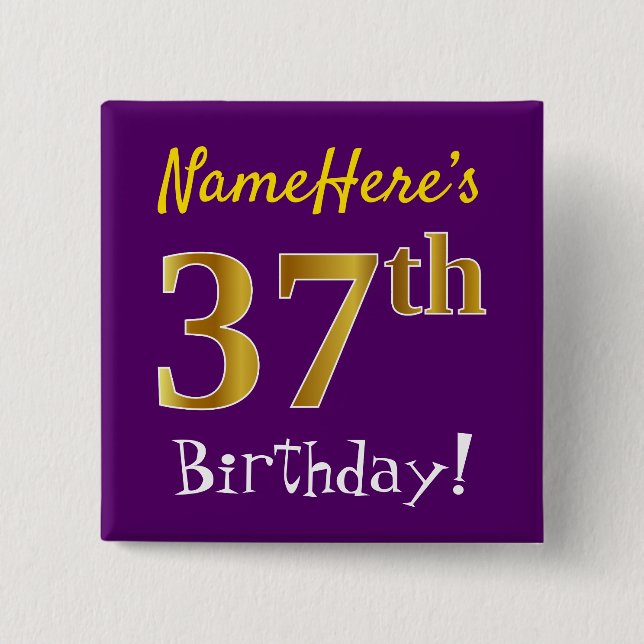 Badge Carré 5 Cm Violet, Or Faux 37e Anniversaire, Avec Nom Personn (Devant)